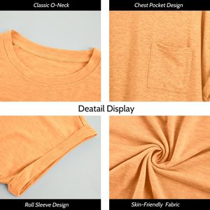 Femmes Crop Tops Manches Courtes Col Ras Du Cou Recadrée T-shirt Casual Été Couleur Unie Lâche T-shirts De Base Avec Poches - Product Image 4