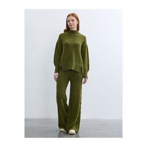 Pantalon large décontracté anti-boulochage taille haute pour femme avec détail tressé - Product Image 1