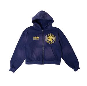 Sweat-shirt à capuche personnalisé 100% coton pour hommes, lavage à l'acide délavé au soleil avec patch de broderie vintage en détresse, fermeture éclair pour l'hiver - Product Image 1