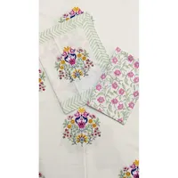 Parure de draps plats et housses de couette en coton doux 240 TC blancs à motifs ethniques, imprimés à la main en Inde, pour lit double, avec 2 taies d'oreiller