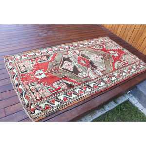 3.5x6.46 ft Rug, Vintage Turkish Accent Rug, <b>Red</b> <b>Wool</b> Rug - Product Image 2