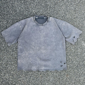 Camiseta lavada con ácido para hombre, camisetas desgastadas con dobladillo rasgado Vintage de gran tamaño, Camiseta de algodón 2025 100% para hombre - Product Image 4