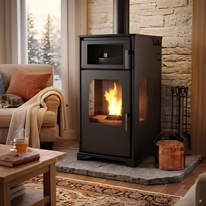 Poêle à granulés moderne autoportant avec télécommande pour chauffage intérieur, noir - Product Image 1