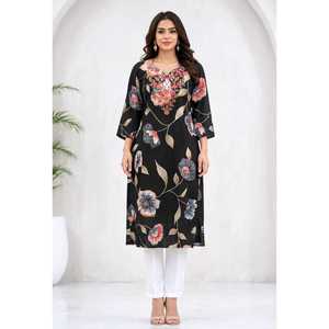 Blusa de Algodón Negra Bordada para Mujer con Estampado Floral y Manga Kimono para Uso Diario - Product Image 1