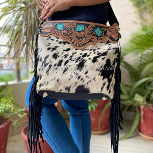 Hand Tooled Leather Handbag Real Cowhide Fringe Sling Bag Carving Bohemian <b>Turquoise</b> Color Sling New Design Bags for Women - Product Image 2