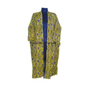 Handmade Indian Kantha Cotton Kimono Robe for <b>Women</b> Floral Print <b>Quilted</b> Spring Autumn Long Eco-Friendly <b>Lightweight</b> Sleepwear - Product Image 1