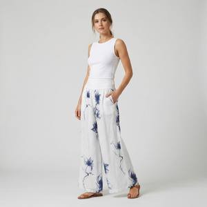 Pantalones Anchos con Cintura Elástica, Estampado Floral, Bolsillos, 100% Lino - Product Image 1