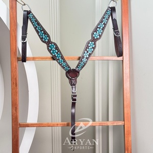 Collier de poitrine occidentale perlé floral turquoise fabriqué à la main en cuir repoussé pour Trail Riding Barrel Racing & Rodeo Style - Product Image 1