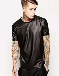 T-shirt oversize en cuir véritable noir uni pour homme, logo personnalisé de haute qualité, service OEM, vente en gros pour vêtements décontractés pour garçons - Product Image 2