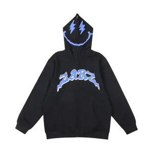 Full zip up hoodie for mens new design 2023 black color full face hoodie wholesale puff printing hoodies