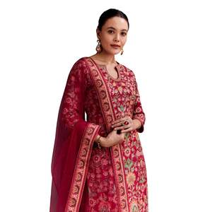 Conjunto Palazzo de Seda Bordada Rosa Rani, Venta al por Mayor, Ropa Étnica para Mujer, Proveedor de Fábrica de Ropa OEM, Traje Personalizado para Bodas y Fiestas - Product Image 4