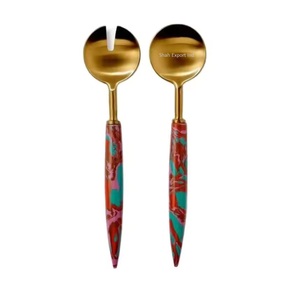 Cuillère et fourchette de service en métal argenté de bonne qualité avec poignée en laiton doré pour dessus de table maison et fêtes serveur à salade - Product Image 2