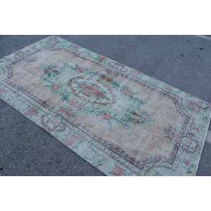 Alfombra turca clásica Vintage, forro de látex de lana de retazos verde Beige, hecha a mano, alfombras de cama laterales rectangulares de 4x8 pies, modelo de alfombra de noche - Product Image 2