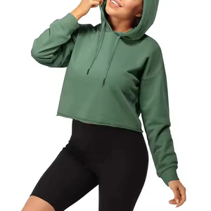 Wholesale Women's 100% Cotton <b>Cropped</b> Hoodie Autumn Long <b>Sleeve</b> Fitness Outwear <b>Tops</b> Casual Pullover Hoodie Front for Winter - Product Image 4