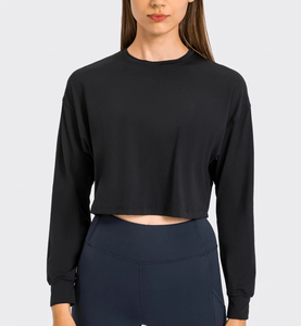 Camisetas atléticas de secado rápido para mujer, tops cortos con mangas largas y cuello redondo, camisetas sueltas de yoga para correr a diario - Product Image 5