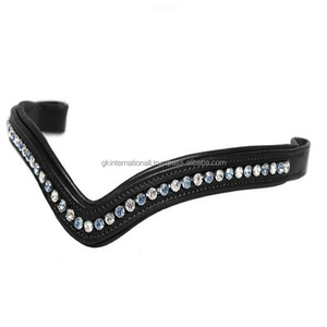 Banda para cejas de caballo de cuero con canal vacío hecho a medida de último diseño con incrustaciones de 1 Fila azul cielo y cristales transparentes Mega Bling Brow Band - Product Image 2