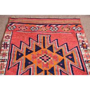 Turkish <b>Runner</b> Rug 3.2x12.6 ft, Vintage Herki <b>Red</b> Polka dot Wool Rug - Product Image 5