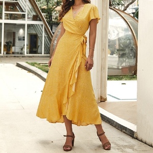 Robe décontractée sexy à manches courtes et col en V, imprimé floral bohème, écologique, respirante, longueur cheville, grande taille (XL) - Product Image 1