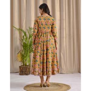 Yellow Jaal Printed Angrakha Long Dress with Flare Indian & Pakistani Clothing - Product Image 3