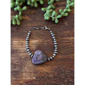 Navajo Style Beaded <b>Bracelet</b> with Charoite & Sterling Silver Pearl Ethnic Design - Product Image 1