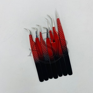 Pinzas de pestañas con logotipo personalizado de dos tonos, color rojo y negro, pinzas puntiagudas de extensión de pestañas de agarre fuerte de acero inoxidable sostenible - Product Image 5