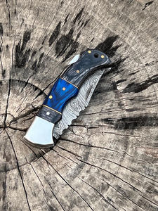 Handmade Damascus Blade <b>Folding</b> Pocket <b>Utility</b> <b>Knife</b> Adjustable Hand Orientation Eco-Friendly Customizable OEM Leather Case - Product Image 5