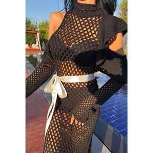 Vestido de punto calado 2847 con cinturón de satén, transparencias y cintura natural - Product Image 2