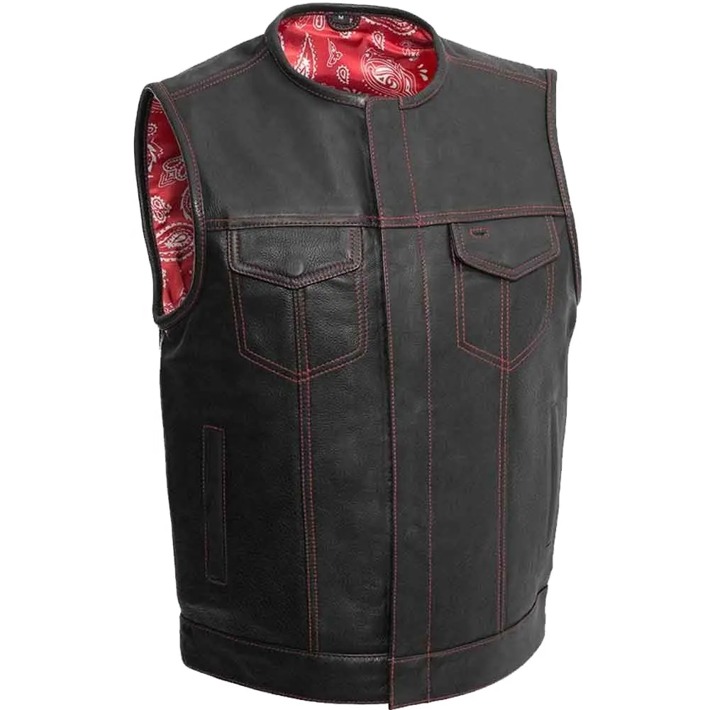 Red Stitch Leather vest Jacket, Wind Proof Motorbike Leather Vest, OEM ODM Leather Biker Vest Men Printed Lining