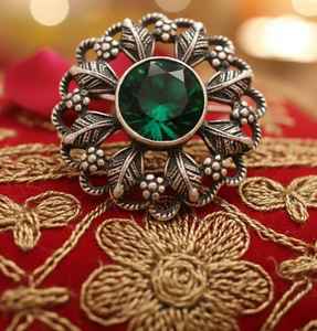 Broche de cristal, estilo antiguo vintage, calidad AAA, corte redondo, medallón floral, color verde, piedra color melocotón, para mujer, anillo - Product Image 1