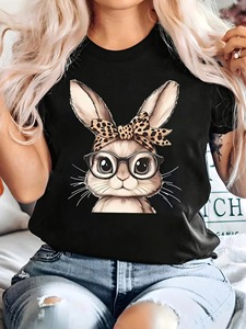 Camiseta informal con cuello redondo para mujer con estampado gráfico de conejito, Top de tela de punto de manga corta para todas las estaciones, camisetas para mujer - Product Image 6