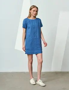 Wholesale Price Boho Mini <b>Dress</b> Cotton <b>Linen</b> with Crew Neck Short Sleeves Solid Pattern Holiday Tunic <b>Dress</b> with Pocket - Product Image 6