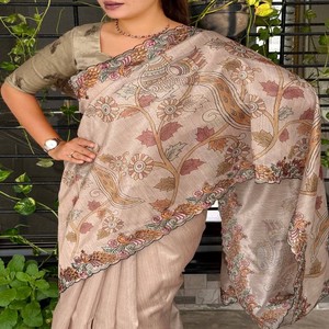 VASTRA COTTAGE Designer <b>Silk</b> Saree with Kalamkari Digital Print <b>Thread</b> Embroidered Cutwork Border and Sequins Work Blouse - Product Image 4
