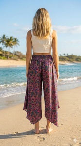 Comfortable High Waist Flat Front Bohemian 100% <b>Silk</b> Loose Fit Casual <b>Pants</b> Women Elastic Waist Full Length Women's <b>Pants</b> - Product Image 2