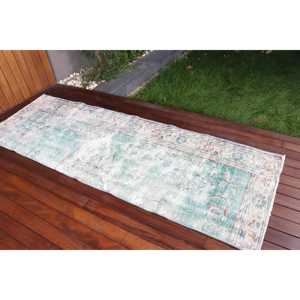 Alfombra Turca Vintage de 2.8x8.3 pies, Alfombra de Lana con Borde Azul - Product Image 2