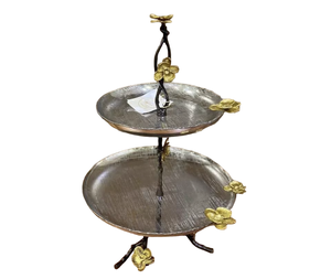 Présentoir de service à gâteau en acier inoxydable à 2 niveaux de créateur fait à la main Accent décoratif unique et élégant pour la maison Couleur or Look fantaisie à 2 niveaux - Product Image 2