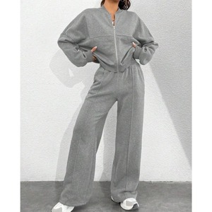 Gris Bomber Veste Pantalon Femmes 2 Pièces Ensemble Casual À Manches Longues Fermeture Éclair Manteau Casual Solide Sweat Pantalon Costume - Product Image 4