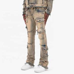 Edge Denim Custom Vintage Distressed Cargo <b>Jeans</b> Streetwear Acid Wash <b>Raw</b> <b>Hem</b> Super Skinny Flare Stacked <b>Jeans</b> Men - Product Image 6