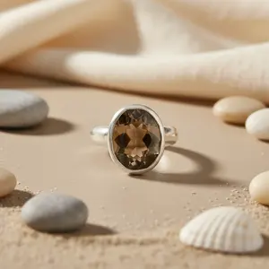 Anillo Ajustable de Plata de Ley 925 con Cuarzo Ahumado, Incrustaciones de Piedras Preciosas Naturales, Moderno y Elegante, Regalo para Mujer - Product Image 1