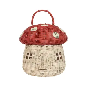 Sac de maison en osier en forme de champignon en rotin naturel mignon panier de rangement de champignon en osier avec couvercle teint à la main