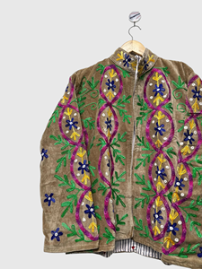 Floral Embroidered Velvet Jacket Mandarin Collar Full Sleeve Prairie Chic Style Women's Plus Size <b>Winter</b> Wear - Product Image 5