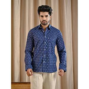 Chemise décontractée en popeline de coton bleue imprimée pour homme, chemise à manches longues pour homme, respirante, 100% coton - Product Image 3