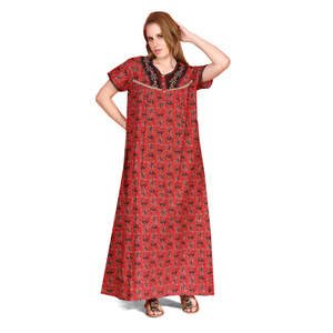 Evolove Women's Cotton Maxi <b>Nighty</b> Printed Short Sleeves Full-Length Side Pocket Bow Collar (LNGCO3325RD) - Product Image 1