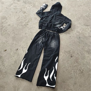 Vente en gros Streetwear pour hommes en détresse Patch sweat à capuche pantalon ensemble Design personnalisé délavé à l'acide Vintage survêtement respirant gris - Product Image 2