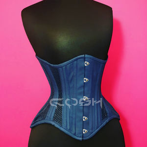 Corset sous-poitrine respirant en cuir bleu avec armatures en acier et empiècements en maille pour le modelage de la taille - Product Image 6