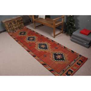 Vintage Turkish Herki <b>Runner</b> Rug 2.8x10.1 ft, <b>Red</b> Moroccan Rug Wool - Product Image 2