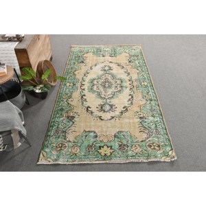 Alfombra Turca Vintage de Lana 4x8 pies, Diseño Patchwork Beige y Verde, Ecológica, Pelo Medio, Tejido Plano, Base de Látex para Comedor - Product Image 4