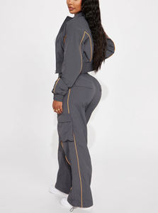 Venta al por mayor de las mujeres 100% de nylon de gran tamaño chándal personalizado serigrafiado recortado cremallera chaqueta pantalones conjunto sólido para el invierno - Product Image 3