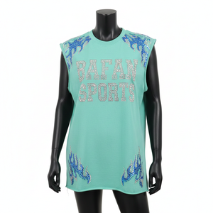 Chemise sans manches pour femmes en jersey de coton premium, tissu doux, vert menthe, strass thermocollés, logo personnalisé, haut en coton pour femmes - Product Image 6