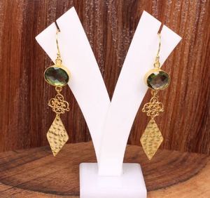 Boucles d'oreilles en pierres précieuses naturelles, laiton plaqué or, polies, modernes, écologiques, artisanat, cadeau de mariage, accessoire de fête - Product Image 5
