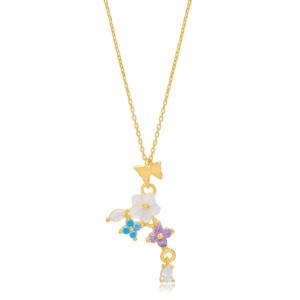 Collier pendentif multicolore, collection été, fleur, papillon, charme, argent sterling 925 turc, fait main, pour femmes - Product Image 1